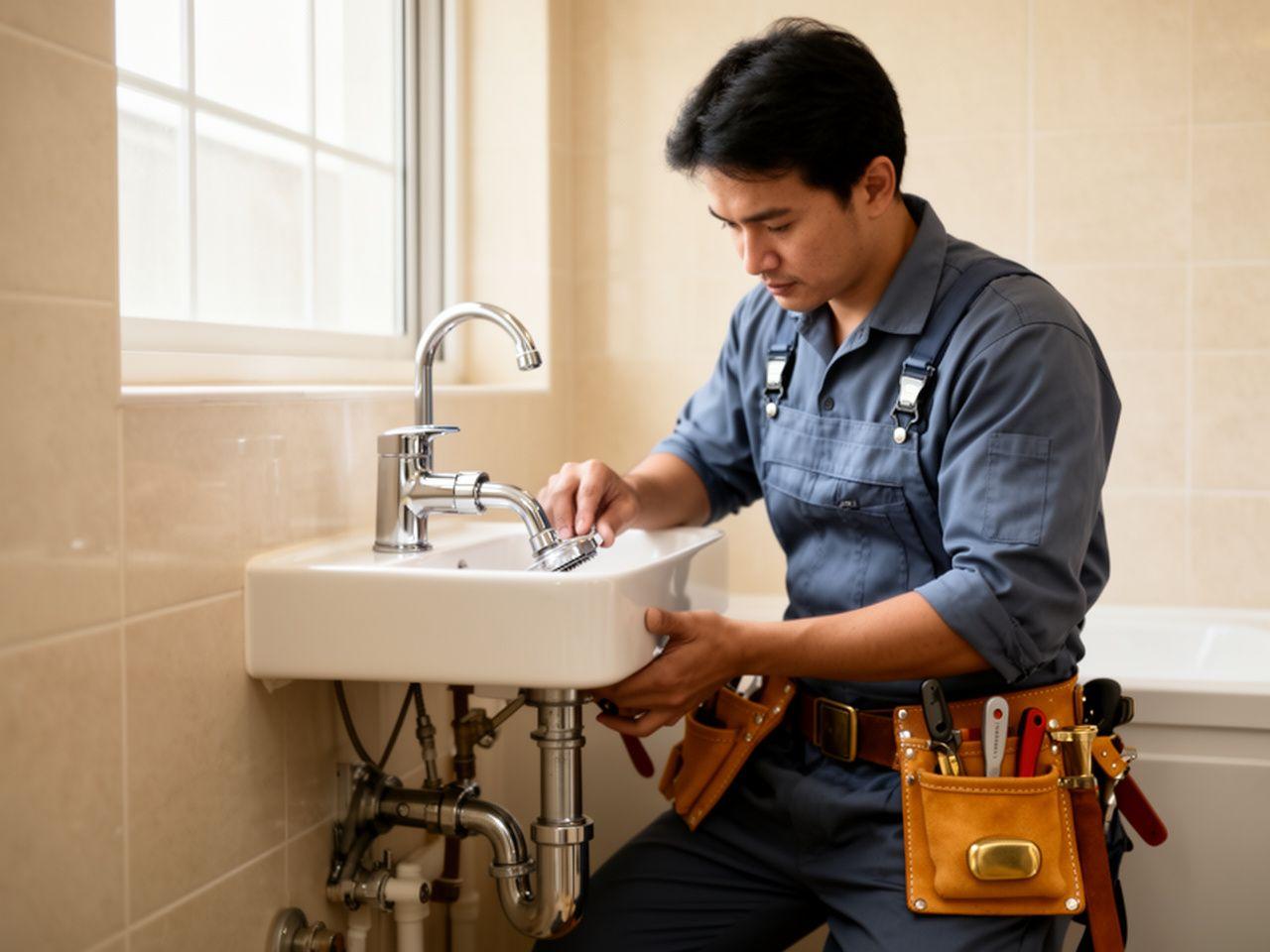 Tracenex plumber installing chrome pipework under a modern Malaysian bathroom sink