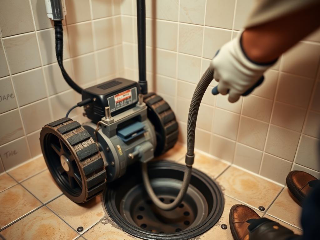 Drain cleaning machine working on a bathroom drain
